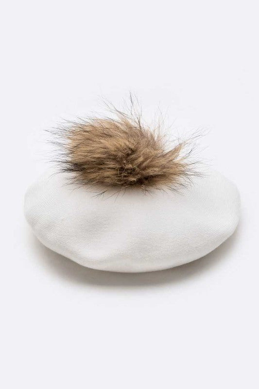 Women's Cashmere Blend Beret with Detachable Raccoon Fur Pom