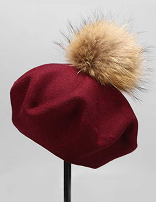 Women's Cashmere Blend Beret with Detachable Raccoon Fur Pom