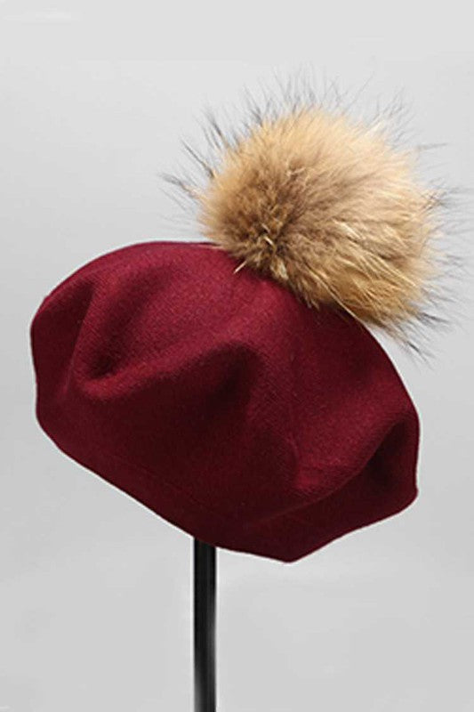 Women's Cashmere Blend Beret with Detachable Raccoon Fur Pom