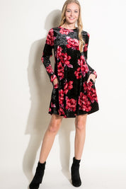 Women's Loose Fit Floral Print Velvet Swing Mini Dress