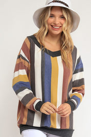 Women's Loose Fit Wide V Neck Stripe Sweatshirt