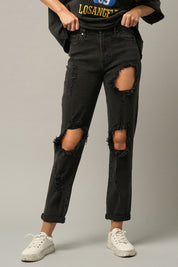 Women's High Waist Destroyed Black Straight Leg Jeans