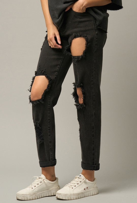 Women's High Waist Destroyed Black Straight Leg Jeans