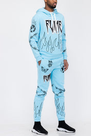 Women's Flame Print Chenille Hoodie and Sweat Pant Set