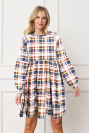 Long Puff Sleeve Plaid Contrast Midi Dress