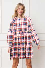 Long Puff Sleeve Plaid Contrast Midi Dress