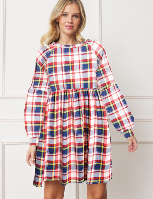 Long Puff Sleeve Plaid Contrast Midi Dress