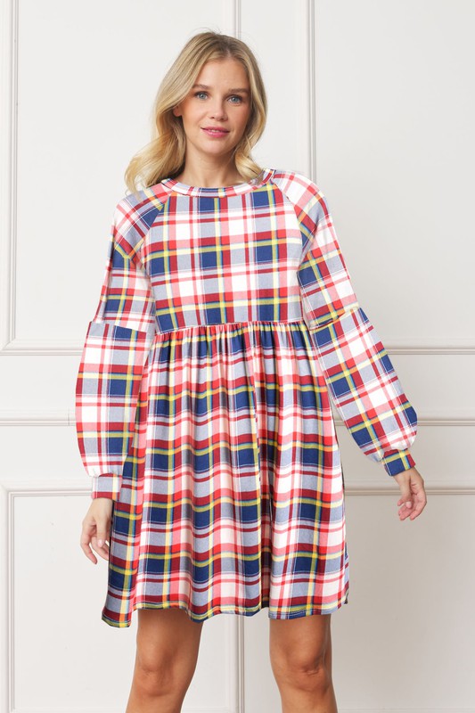 Long Puff Sleeve Plaid Contrast Midi Dress