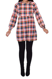 Long Puff Sleeve Plaid Contrast Midi Dress