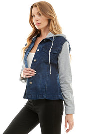 Women's Casual Denim Jacket with Removable Fleece Hoodie