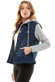 Women's Casual Denim Jacket with Removable Fleece Hoodie