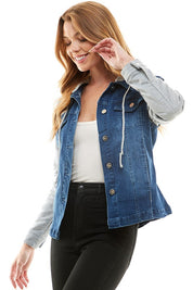 Women's Casual Denim Jacket with Removable Fleece Hoodie