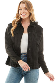 Women's Casual Denim Jacket with Removable Fleece Hoodie