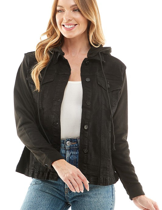 Women's Casual Denim Jacket with Removable Fleece Hoodie