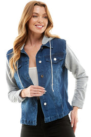 Women's Casual Denim Jacket with Removable Fleece Hoodie