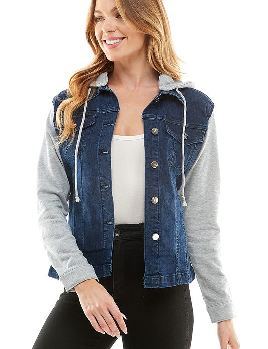 Women's Casual Denim Jacket with Removable Fleece Hoodie