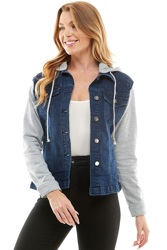 Women's Casual Denim Jacket with Removable Fleece Hoodie