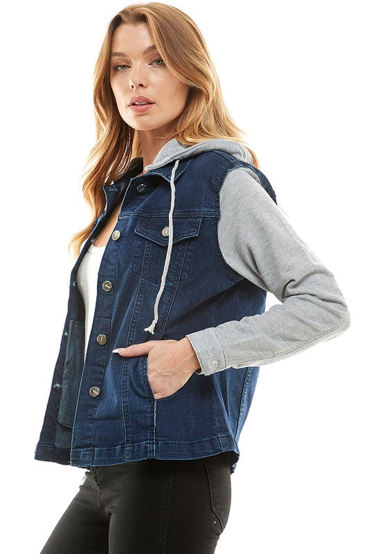 Women's Casual Denim Jacket with Removable Fleece Hoodie