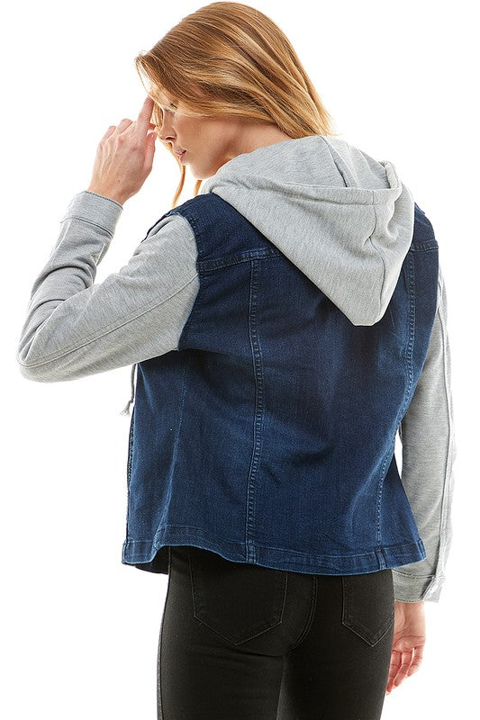 Women's Casual Denim Jacket with Removable Fleece Hoodie