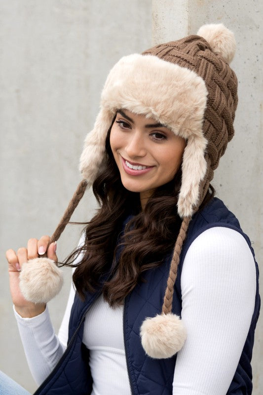 Cable Weave Pom Trapper Hat