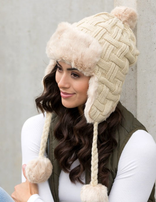 Cable Weave Pom Trapper Hat