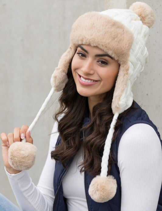 Cable Weave Pom Trapper Hat