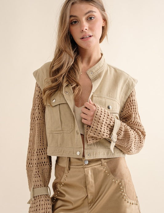 Women's Cropped Twill Jacket with Crochet Sleeves