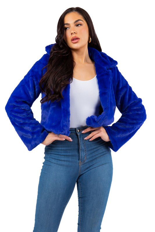 Women's Cropped Faux Fur Teddy Jacket