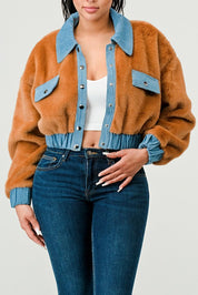 ATHINA CASUAL DENIM CONTRAST FUR CROP JACKET