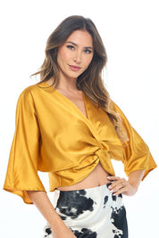 Women's Casual Satin Short Sleeve Crop Top with Twist Front