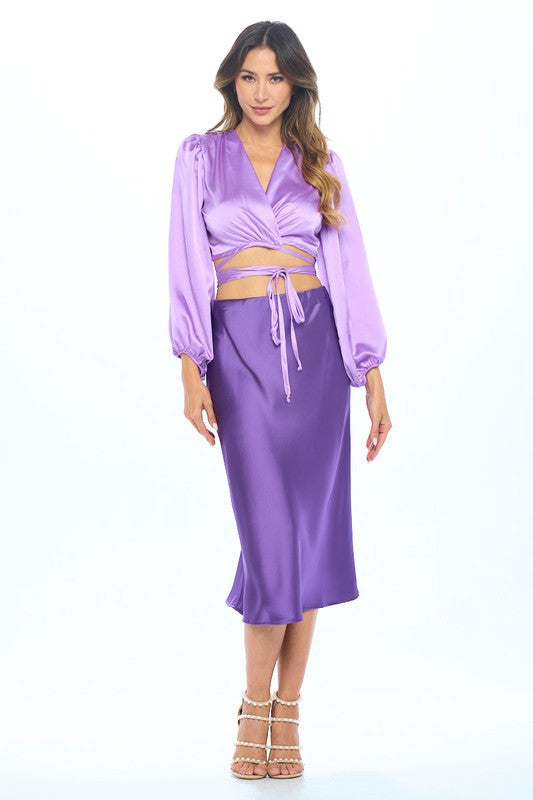 Women's Silky Satin Wrap Crop Top with Tie