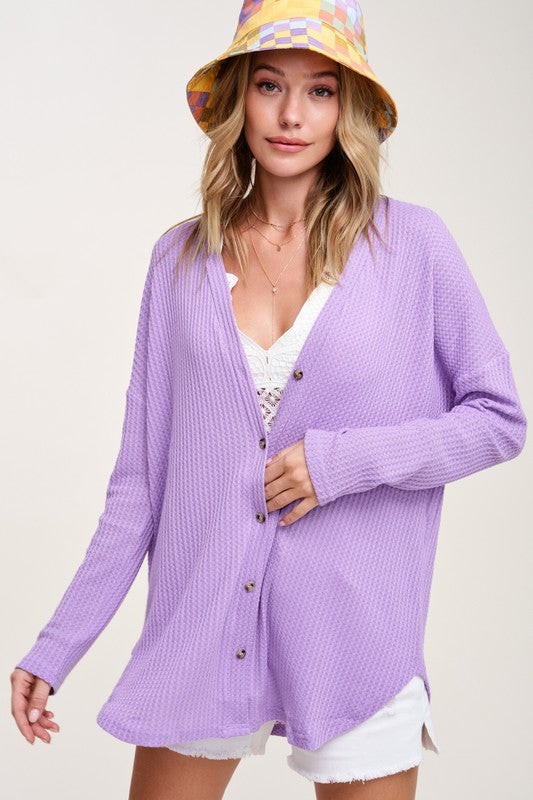 Women's Loose Fit Casual Waffle Fabric Cardigan