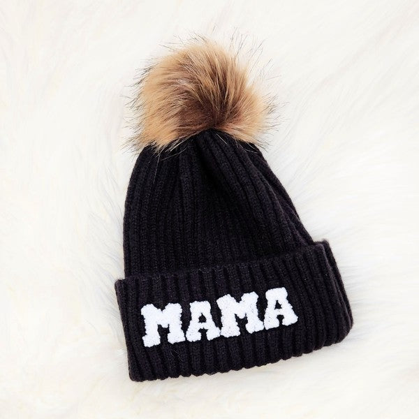 Women's Chenille Lettering Faux Fur Pom Beanie Cap