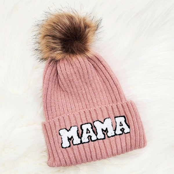 Women's Chenille Lettering Faux Fur Pom Beanie Cap