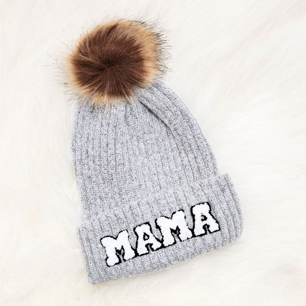 Women's Chenille Lettering Faux Fur Pom Beanie Cap