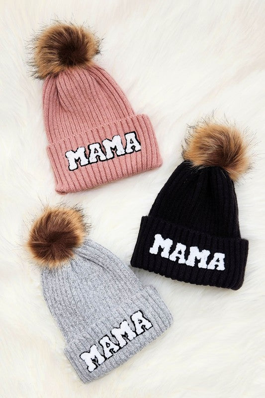 Women's Chenille Lettering Faux Fur Pom Beanie Cap