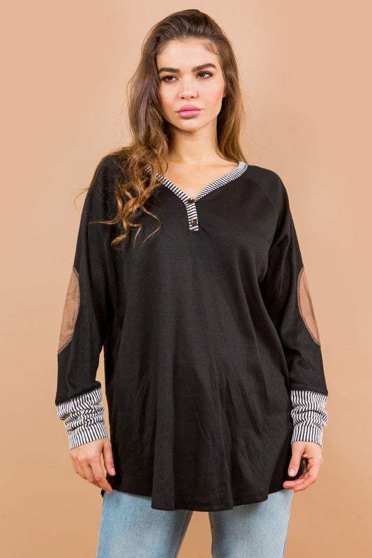 Women's Oversized V-Neck Tunic with Elbow Patches