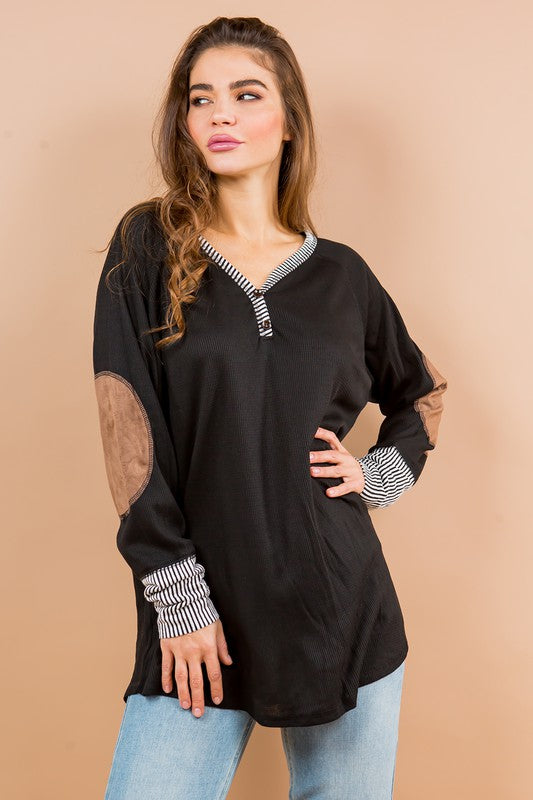 Women's Oversized V-Neck Tunic with Elbow Patches