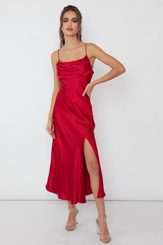 Women's Fitted Satin Side Slit Midi Dress