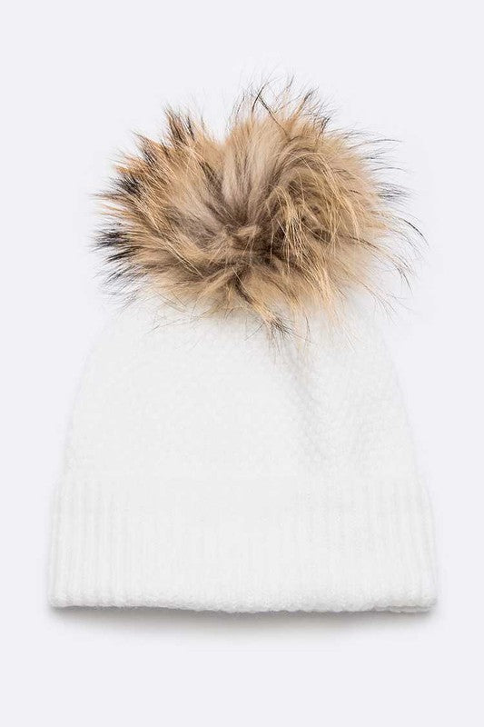 Women's Large Natural Fur Pom Beanie