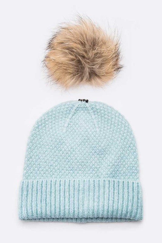 Women's Large Natural Fur Pom Beanie