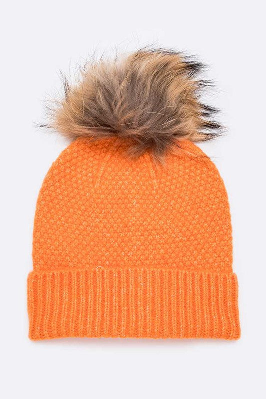 Women's Large Natural Fur Pom Beanie