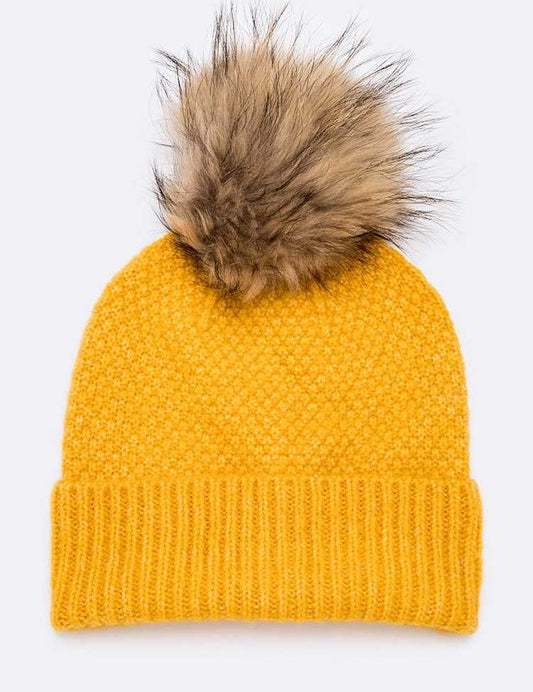 Women's Large Natural Fur Pom Beanie