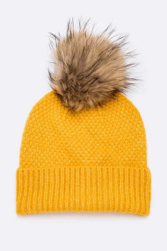 Women's Large Natural Fur Pom Beanie