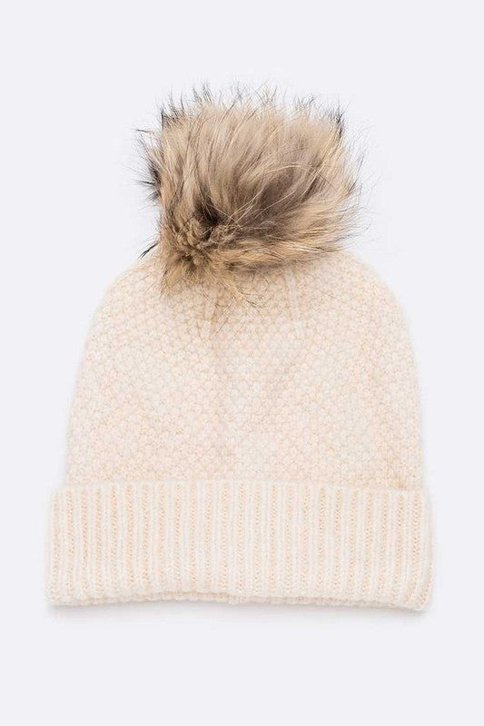 Women's Large Natural Fur Pom Beanie