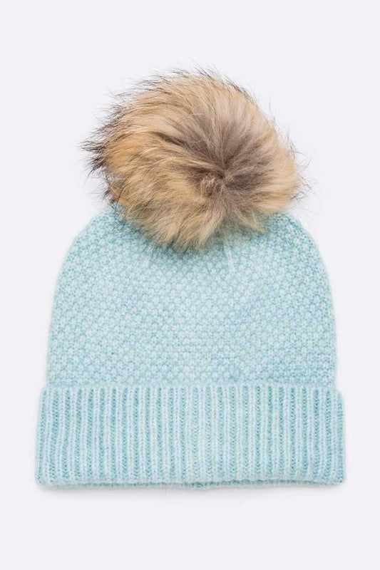 Women's Large Natural Fur Pom Beanie