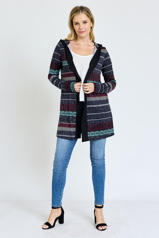 Plus Size Hooded Tribal Print Long Cardigan