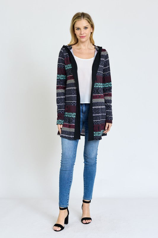 Plus Size Hooded Tribal Print Long Cardigan