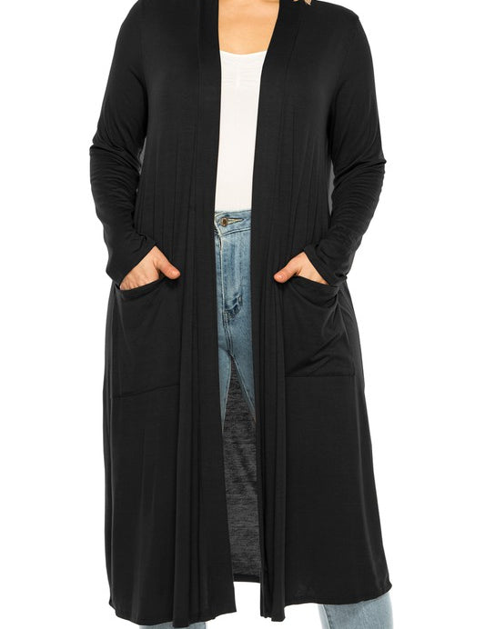 Plus Size Loose Fit Solid Duster Cardigan with Pockets