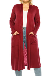 Plus Size Loose Fit Solid Duster Cardigan with Pockets